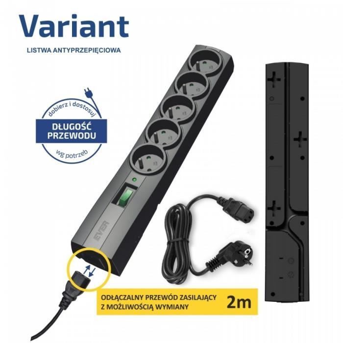 Regleta - EVER - Variante 2M - 3 tomas - Protector contra sobretensiones - 2 puertos USB - Para interiores