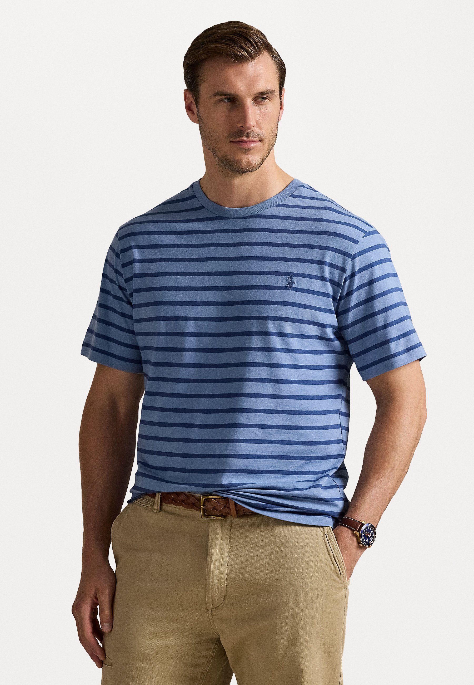 Polo Ralph Lauren Big & Tall gestreiftes Jersey-T-Shirt mit Rundhalsausschnitt – Bedrucktes T-Shirt – Channel Blue/Old Royal