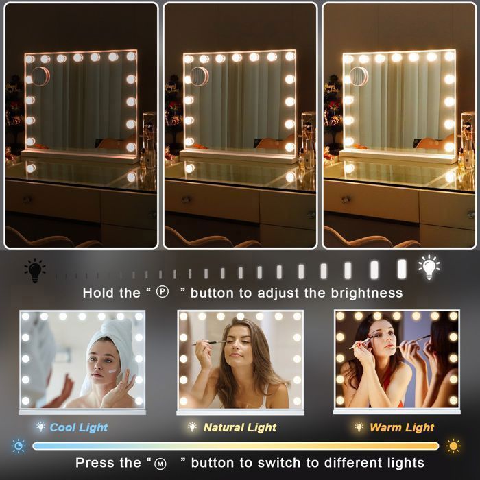 Espelho de Maquilhagem FENCHILIN Hollywood com 15 LEDs / Três Luzes Ajustáveis / Porta de Carregamento USB / Lente de Aumento de 10x / Branco 58 x 46 cm