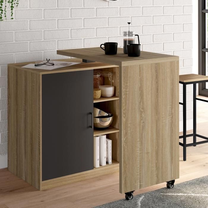 Mueble bar giratorio IDMARKET POLO, unidad de barra giratoria 2 en 1, efecto haya, puerta negra