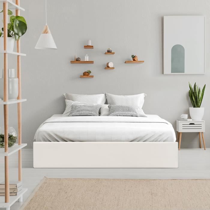 Cama adulta ECLIPSE 160x200 cm + arcón de almacenamiento - Tela beige