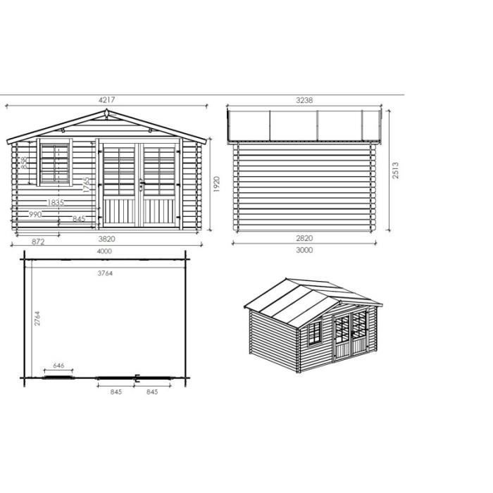 Abri de jardin en bois - ALTANKA - DOM595 - 4x3m - Ep. 28mm - Marron