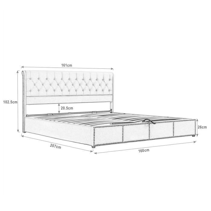 Lit coffre - PERGAR - 160x200 cm - Velours gris - 2 places - Charge max 300 kg