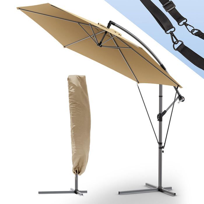 VOUNOT® Zweefparasol met 3M bevestigingsband, kaki - 360° draaibaar - Verstelbare kantelhoek - Beschermhoes