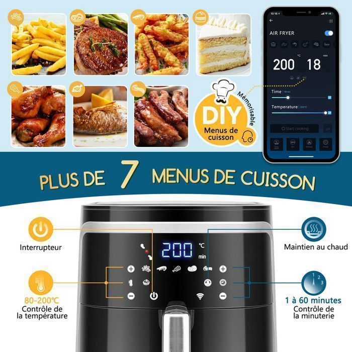 Aigostar Smart Cube - Friggitrice ad aria con connessione Wi-Fi, grande capacità 7 litri. Senza BPA, 1900 W. 7 programmi per mantenere il cibo in caldo.