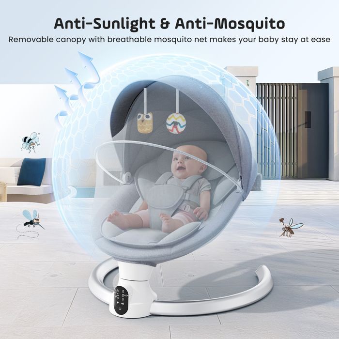 Sdraietta elettrica per neonati TTLIFE, controllabile tramite app e telecomando, adatta dalla nascita fino a 9 kg, con 5 livelli di vibrazione e timer.