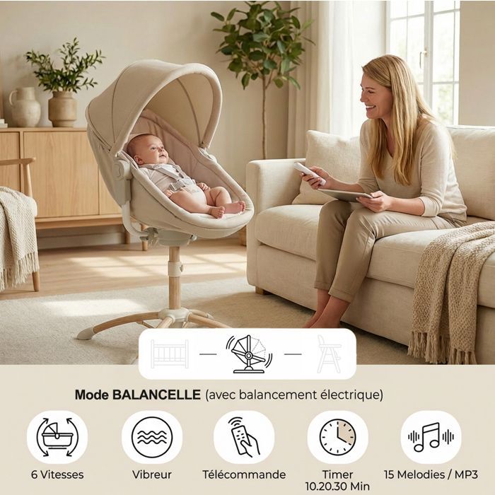 Altalena per neonati BEBE2LUXE Louna 4 in 1: sdraietta, culla, seggiolone, altezza regolabile, 6 velocità, vibrazione, USB/MP3