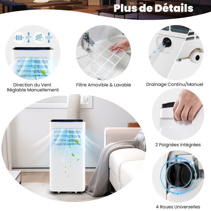 Climatiseur Mobile 9000BTU - RELAX4LIFE - 4 en 1 - Déshumidificateur - Refroidisseur - Chauffage - Minuterie 24H - Classe A