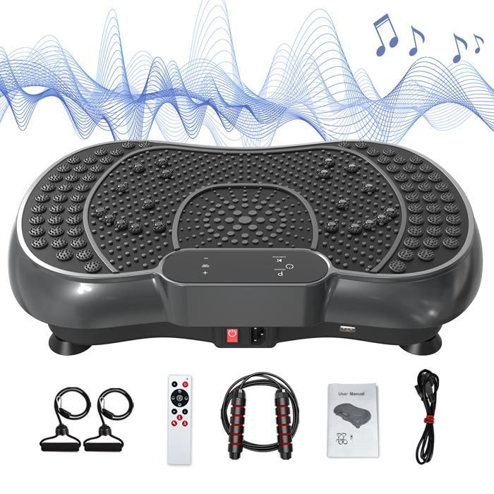 Plataformas vibratorias con 99 niveles de intensidad, 5 configuraciones preprogramadas, cuerdas de tensión y cuerdas para saltar, color negro.