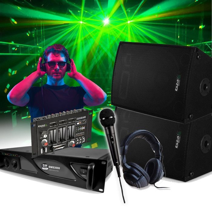 IBIZA SOUND DISCO12B PA System Package: 2 x 1200W Speakers + 3000W PRO DJ Amplifier + DJ21 USB Mixer + Complete Cabling