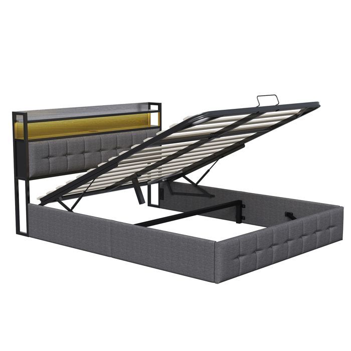 Cama con almacenamiento de 160 x 200 cm, cama de 160 x 200 con somier de láminas, cama para adultos con puerto USB y LED, estructura de cama con cabecero, color gris, lino.