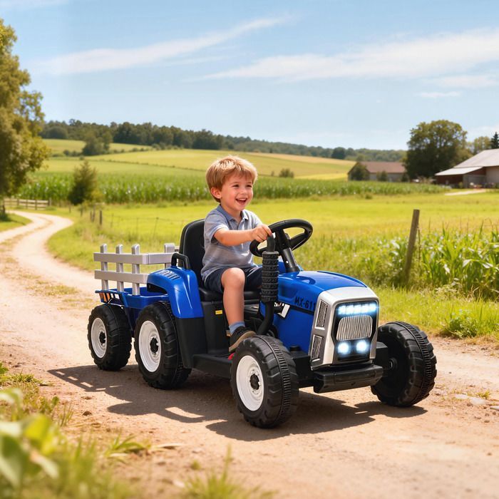 Electric Tractor - HOMCOM - with detachable trailer - with remote control, MP3 music player, display, and lights - for children aged 3-6 years - blue