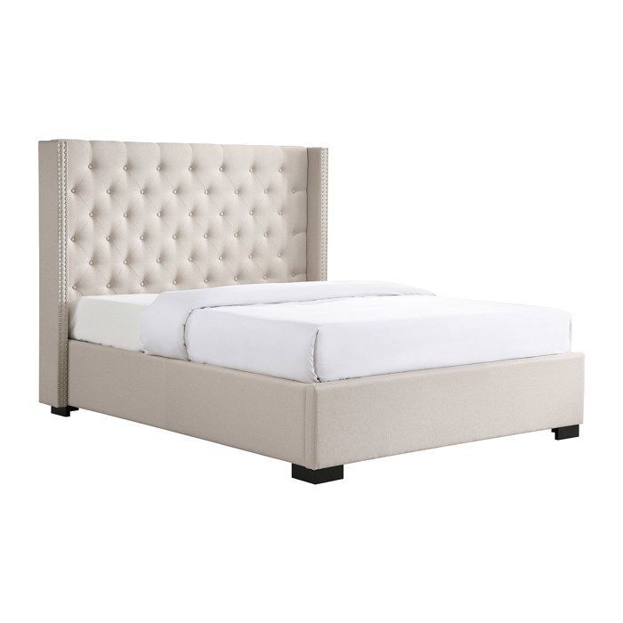 Letto 200 x 200 cm con testiera imbottita - Tessuto - Beige - MASSIMO