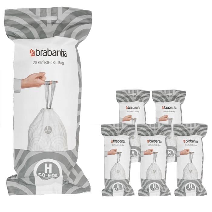 BRABANTIA 6 rollos de 20 bolsas de basura PerfectFit, Código H, 50-60L - Blanco