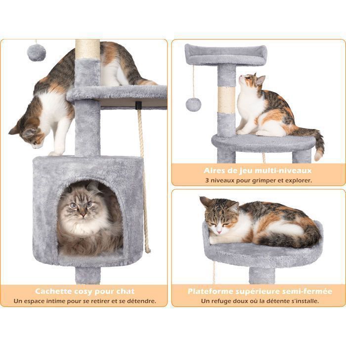Gris Arbre à Chat,112cmTour de Jeux Stable pour Chat,Arbre à Grimper Multi-Niveaux avec4Poteaux en Sisal,3Plateformes