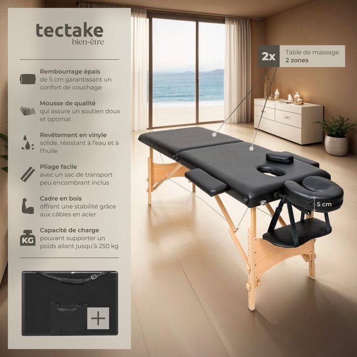 Massagebriks - TECTAKE - FREDDI 2-sektioners foldbart behandlingsbriks, højdejusterbar, 210 x 95 x 84 cm - Sort