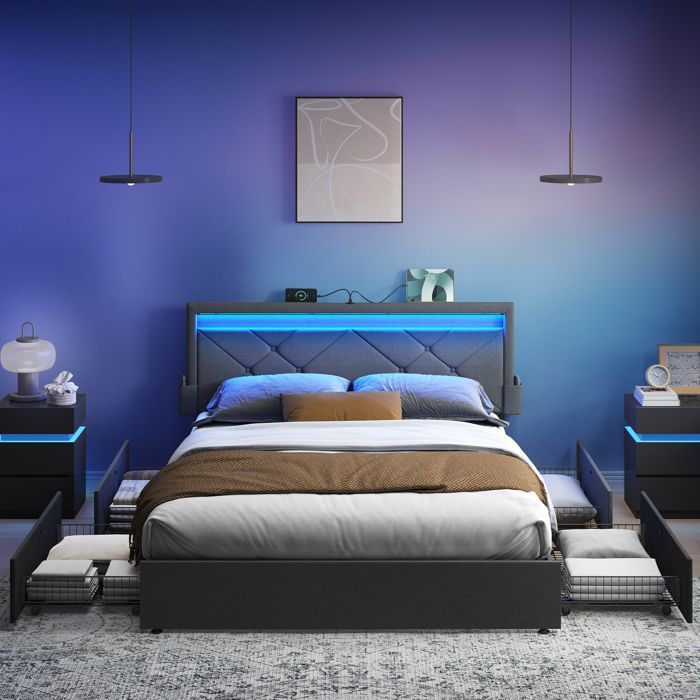 Struttura letto con contenitore, 160 x 200 cm, con illuminazione a LED, 4 cassetti, multipresa, testiera imbottita regolabile, grigio ardesia e nero opaco.