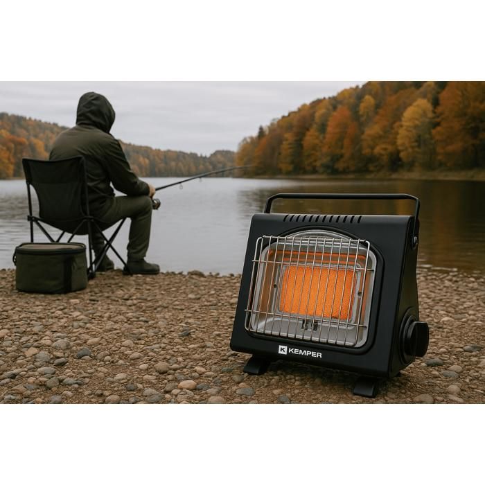 Calentador de gas portátil piezoeléctrico KEMPER de 1700 W con cartucho, sistemas de seguridad integrados y 2,5 horas de autonomía.