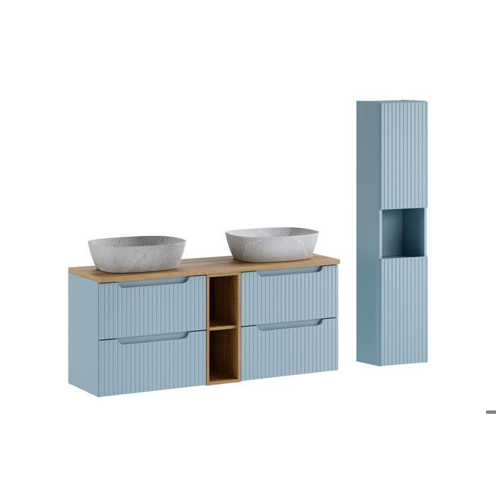 Ensemble meuble suspendu double vasques 140 cm avec plan chêne et colonne 30 x 140 cm NOVA DENIM