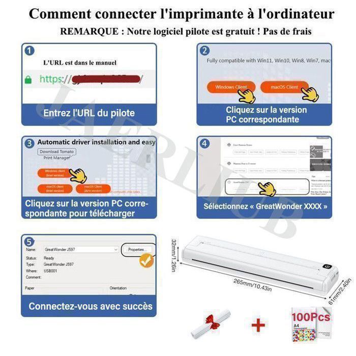 Imprimante Thermique avec Papier 100Pcs A4 210 x 297 mm, Imprimante Bluetooth, Compatible avec Android et iOS Imprimante Portable