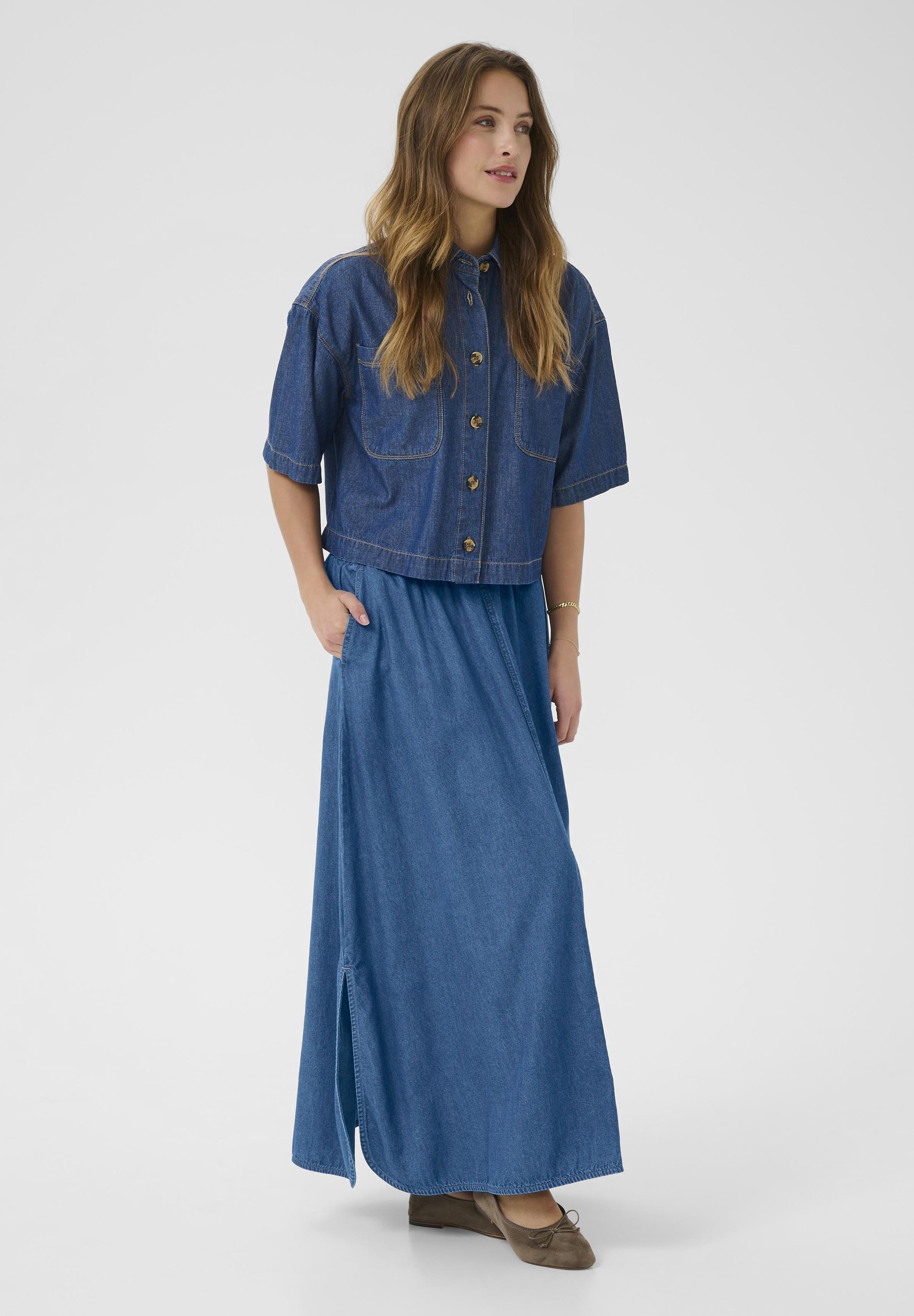Kaffe LUISE - Jupe longue - chambray bleu foncé