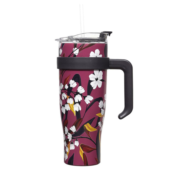 KUBEK TERMICZNY z uchwytem i słomką Fleur 1,2L różowy