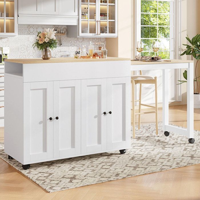 Isla de cocina moderna, carrito de cocina, mesa de bar extensible con 6 superficies de almacenamiento, blanca (118-180×50×94cm)