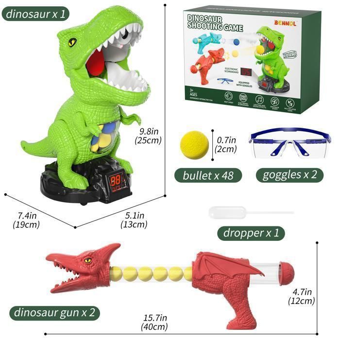 Jogo de Tiro ao Dinossauro - KUKUFUN - Pistola de Ar Comprimido, Spray, Placar LCD, Jogo de Competição ao Ar Livre para Crianças de 3 a 14 Anos