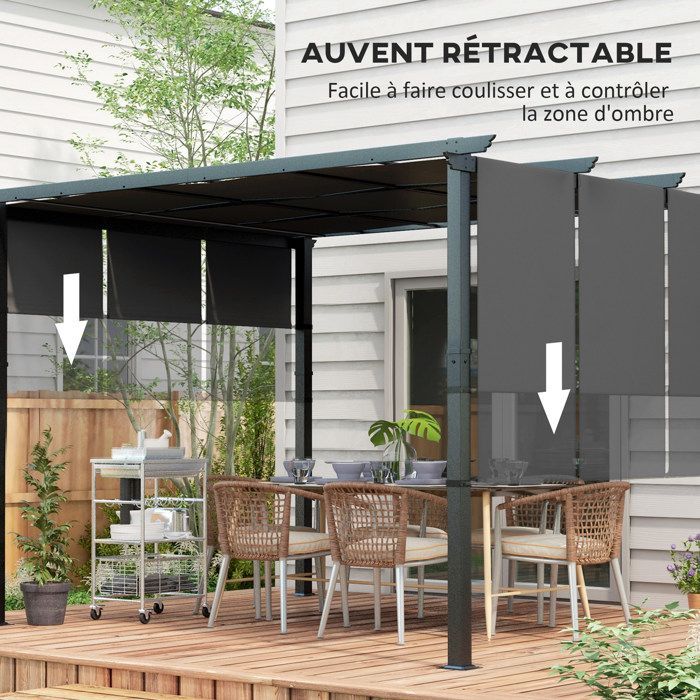 Pergola - Outsunny - 3 toiles coulissantes - structure acier noir toile polyester haute densité - 3,5 x 3 x 2,35 m gris foncé