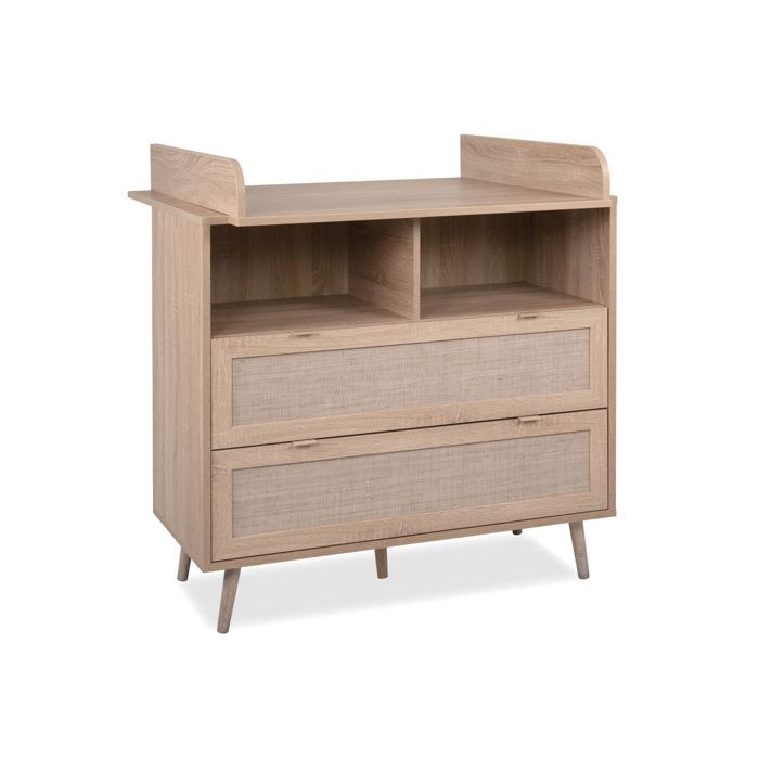 Verschoontafel met 2 lades in naturel hout met rieten look - CO7085 - Naturel hout - Terre de Nuit