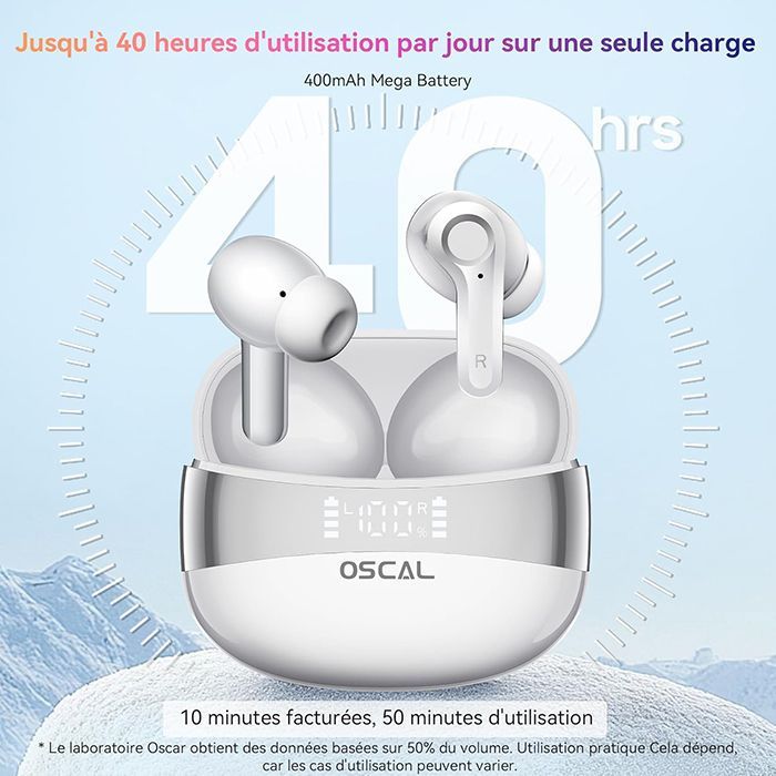 OSCAL HiBuds 6 — Écouteurs sans fil Bluetooth 5.3 IPX7, 30h autonomie, 400mAh, intra-auriculaires blancs