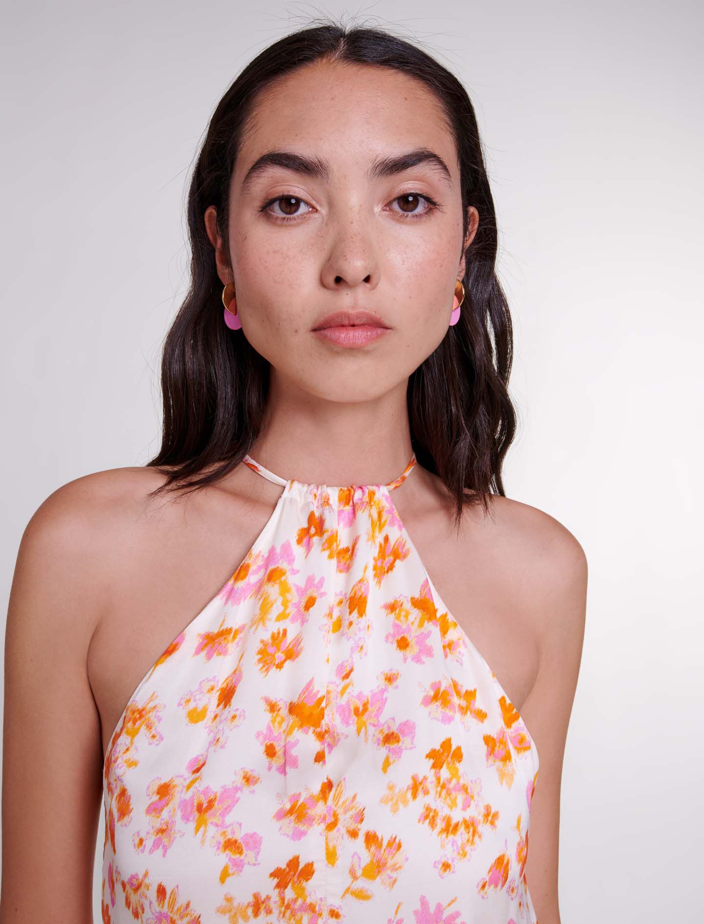 Lange jurk met bloemen- en satijnenprint - oranje print