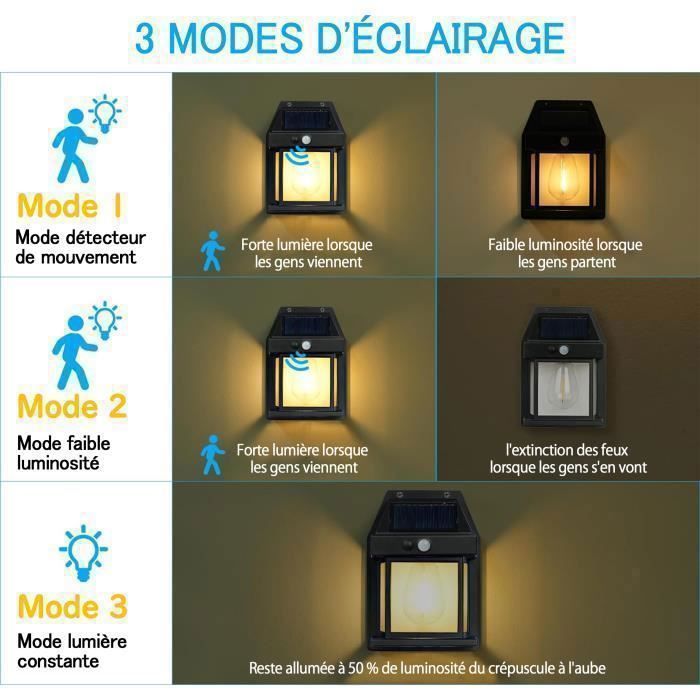 2 apliques solares de pared para exteriores, farol retro con sensor de movimiento, 3 modos, IP65 para balcón, pasillo y patio.