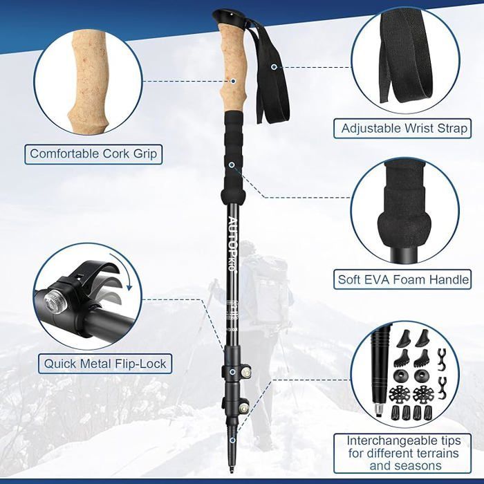 Bastones telescópicos de aluminio, bastones ultraligeros ajustables para marcha nórdica para mujer, senderismo y trekking, color negro.