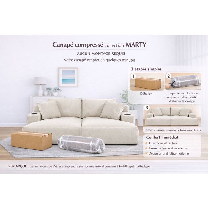 Canapé compressé modulable - 2 places - MARTY - Tissu Gris clair - Rangement & Porte-verres - 180 x 157 x 88 cm