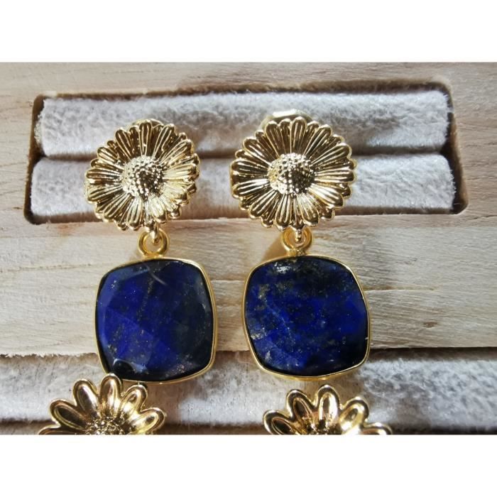 Pendientes MISTINGUETTE con un broche de girasol dorado y una piedra cuadrada de lapislázuli.