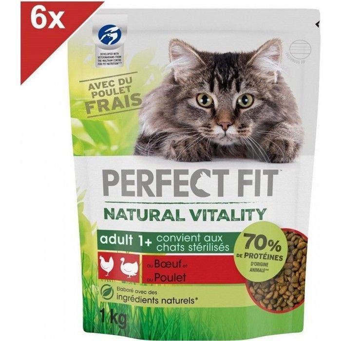 PERFECT FIT Natural Vitality Beef and Chicken Kibble for Adult Cats 6x1kg