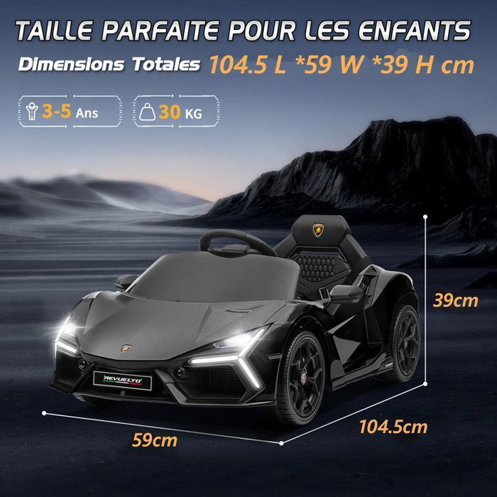 Voiture électrique Lamborghini Revuelto - LALAHO - 3 vitesses, avec télécommande 2.4 G, pour enfants de 3 à 6 Ans, noir