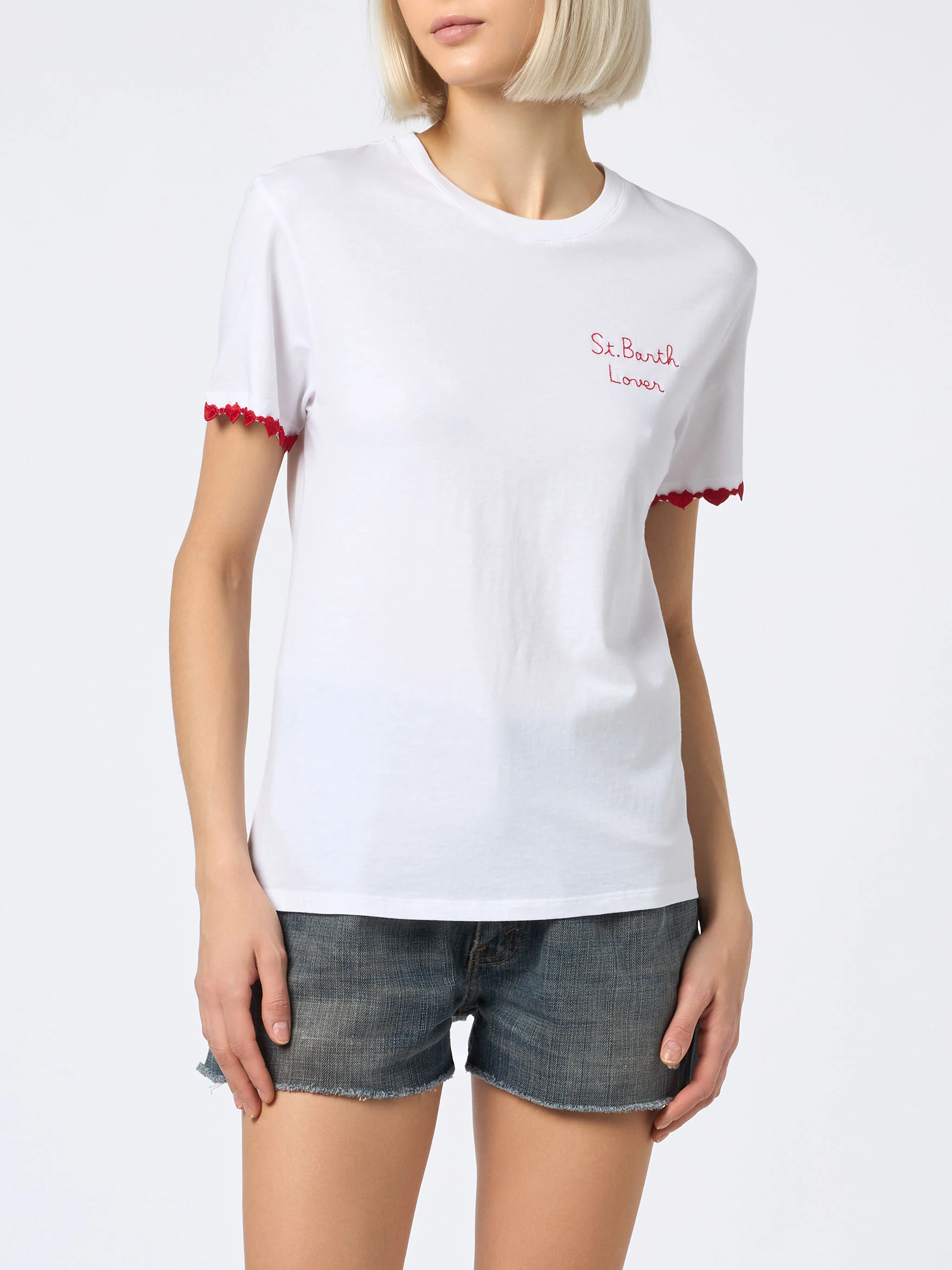 Emilie dames T-shirt met ronde hals van katoenen jersey met Stres-borduurwerk.