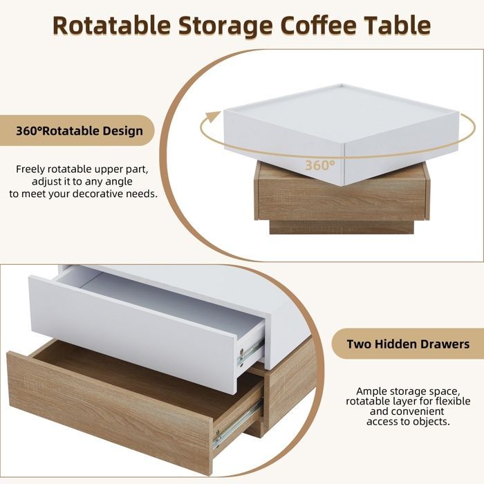 Square Coffee Table with 2 Drawers and 360° Swivel Top, Modern Design Side Table 60x60x38cm Walnut