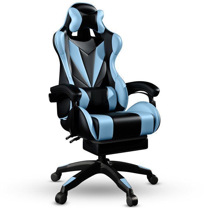Bayt Ergonomischer Gaming-Stuhl – Ausziehbare Fußstütze – Verstellbare Armlehnen – Verstellbare Rückenlehne – Schwarz & Hellblau