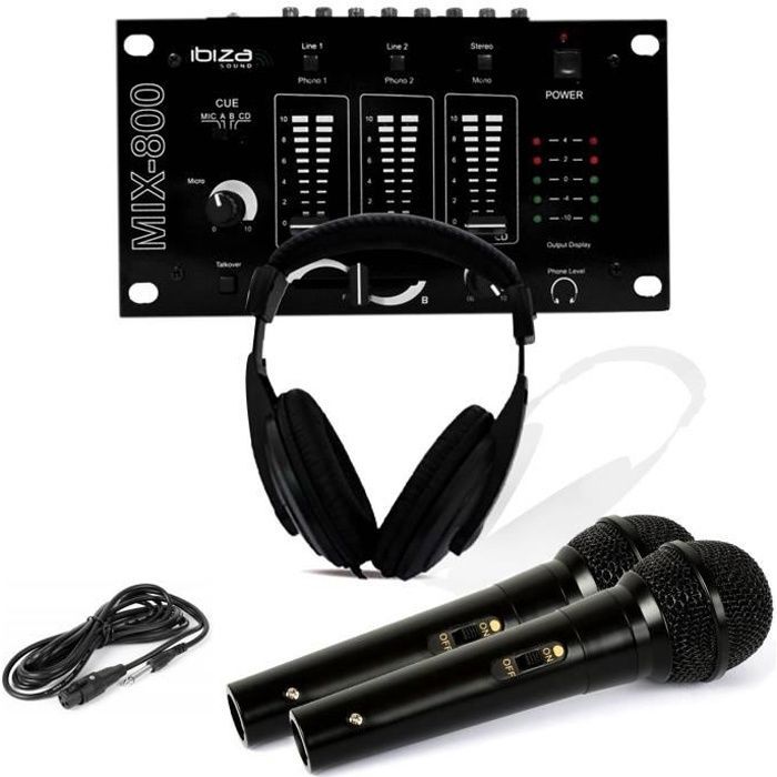 DJ-Kopfhörer + MIX-800 IBIZA Mischpult + 2 dynamische Mikrofone Schwarz