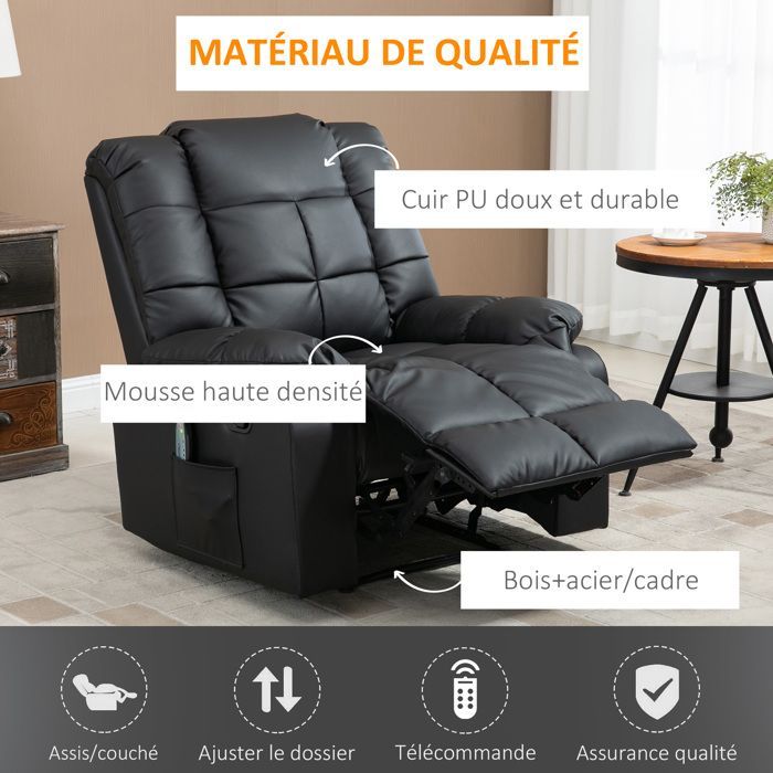 HOMCOM - Sillón reclinable de masaje - Piel sintética - 94x99x99cm - Negro