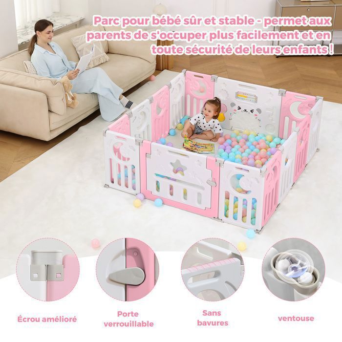 Parc Bebe 12+2 Panneaux, Parc XL Enfant Modulable Avec Verrouillage de Sécurité, Forme Réglable, Pliable, Barriere Bebe, Rose