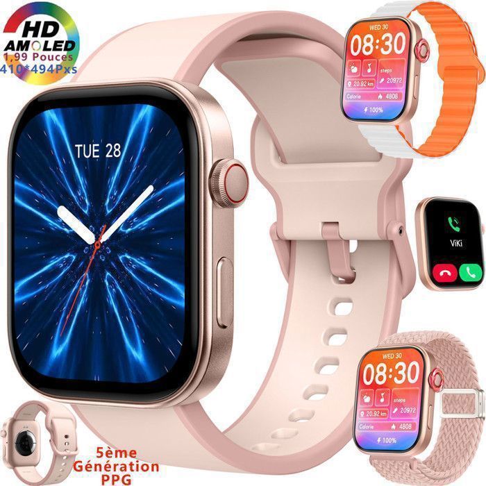 Smartwatch XtraDiTech, compatibile con Apple Watch, display AMOLED, 1,99 €, corona digitale, quinta generazione, PPG, monitoraggio della frequenza cardiaca, resistenza all'acqua fino a 3 ATM, durata della batteria di 12 giorni.