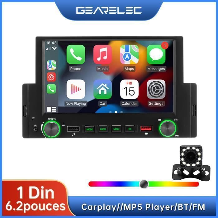Autorradio GEARELEC de 6,2 pulgadas con CarPlay, Android Auto, Bluetooth, radio FM y cámara de visión trasera.
