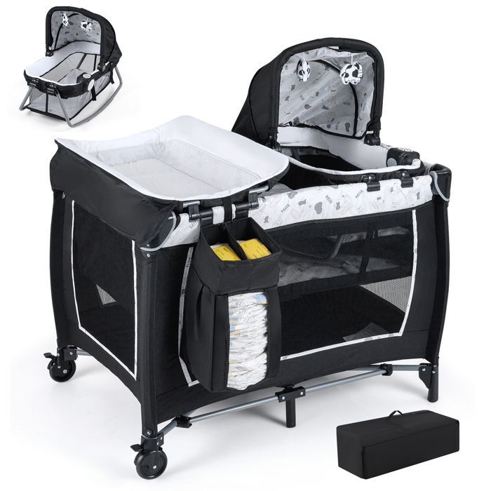 COSTWAY 5-in-1 reisbedje met matras - wieg, aankleedtafel, hangend speelgoed, muziekdoosje met lichtjes, wielen - beige