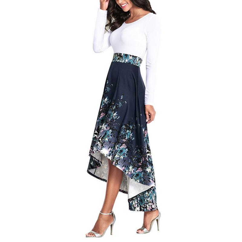 Robe d'automne à col rond et manches longues pour femme, imprimé floral, coutures apparentes, taille haute, coupe asymétrique.
