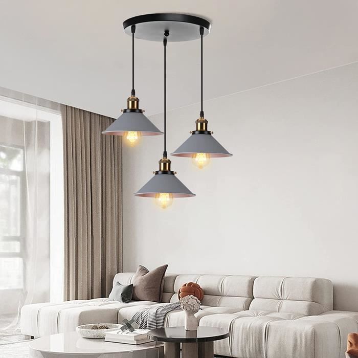 Lámpara colgante retro U-Do de 3 luces, araña de jaula de hierro gris, lámpara de disco negra, casquillo E27, 22 cm, decoración para comedor y cocina.