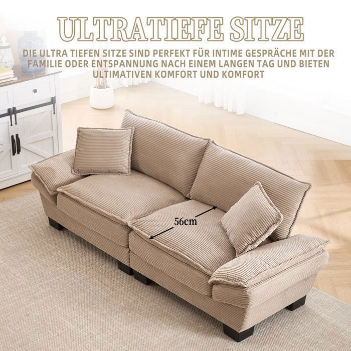 DRIPEX 3-Seater Corduroy Sofa with Pillows, Back Cushions and Armrests, Plastic Feet, Khaki